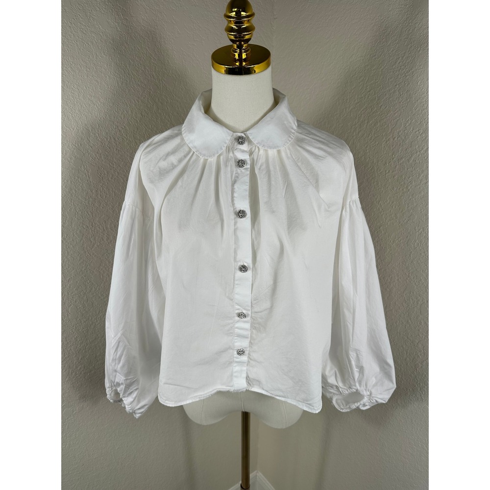 Zara Blouse Women Medium White Peter Pan Collar Rhinestone Button Cottagecore